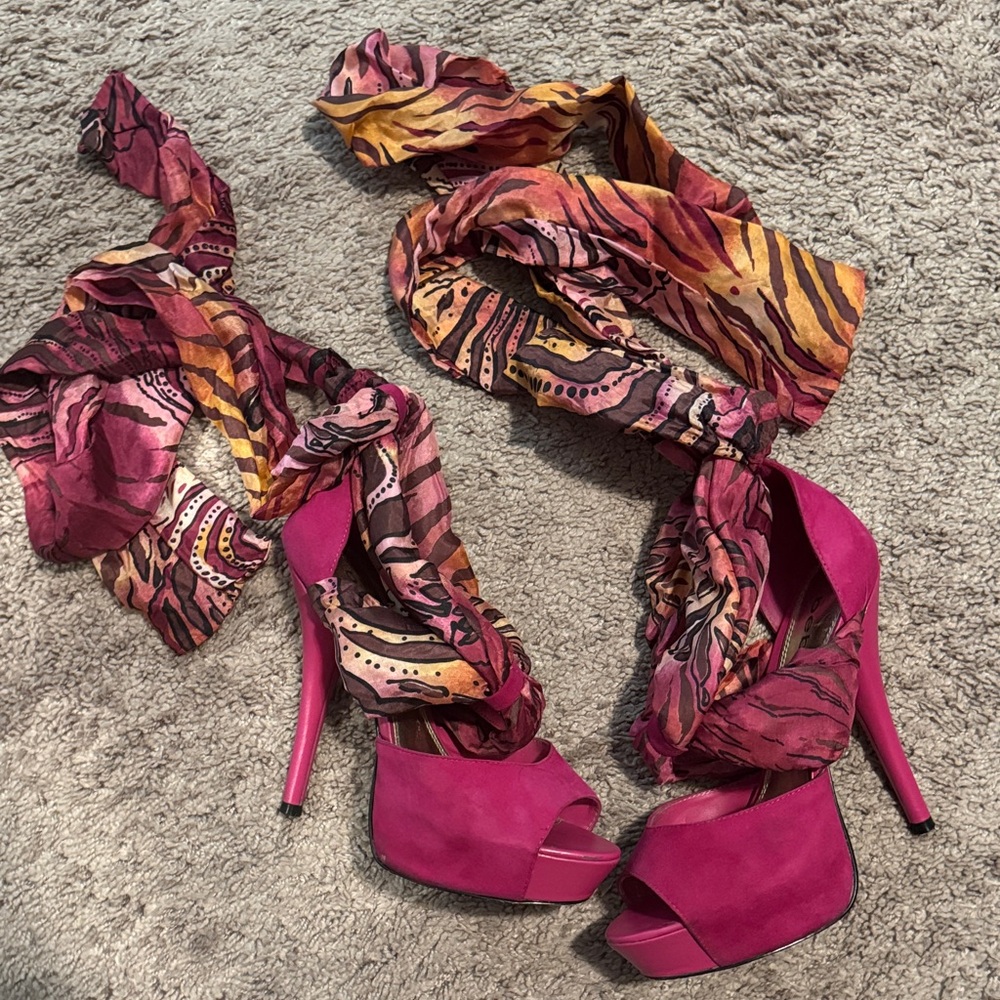 bebe Fuchsia Suede Platform Heels with Multicolor Wraps